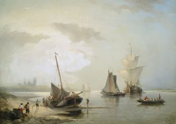 Veleros en la costa holandesa al amanecer